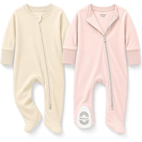 2-Pack Baby Pajamas Footie – Baby Sleepers 0-3 Months, Organic Cotton Footed Newborn Pajamas with Mitten Cuffs, Double Zipper Jammies, Soft, Breathable, Unisex Sleep and Play PJS (Cameo, 0-3 Months)