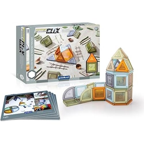 Guidecraft PowerClix Solids Natural - 70 Piece Set: STEM Magnetic Educational Construction Building Blocks with Inspiration Cards for Kids, Develop Motor Skills & Creativity