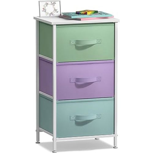 Sorbus Nightstand with 3 Drawers - Bedside Furniture & Accent End Table Storage Tower for Home, Bedroom Accessories, Office, College Dorm, Steel Frame, Wood Top, Easy Pull Fabric Bins (Pastel/White)