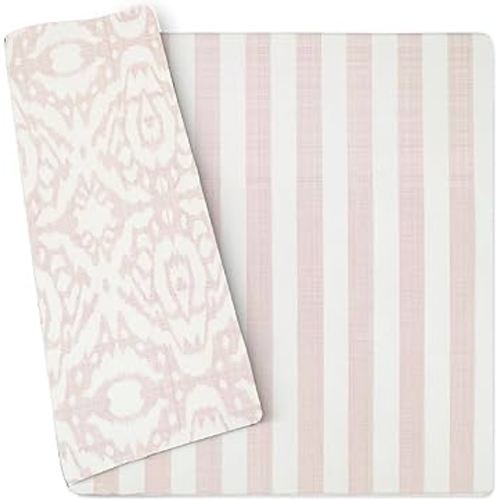 Wander & Roam Premium Reversible Baby Play Mat - Soft Foam Tummy Time Mat for Infant, Toddler & Parent - Modern Neutral Stripe + Ikat Design - Water Resistant, Easy to Clean, Non-Toxic - Rose Pink
