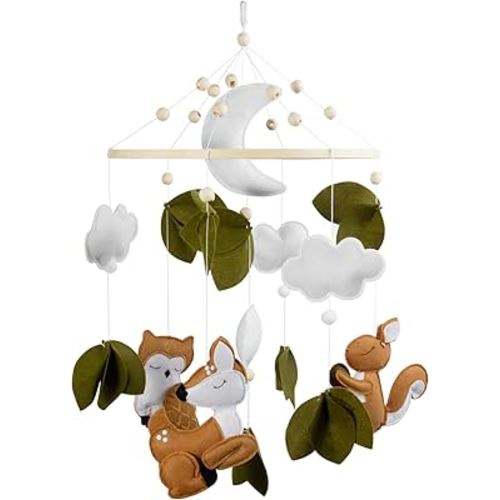 FEISIKE Baby Mobile for Cirb, Woodland Animals Theme Bassinet Baby Nursery Mobiles for Boys and Girls, Squirrel Crib Mobile Hanger for Infant Bedroom Hanging Decoration