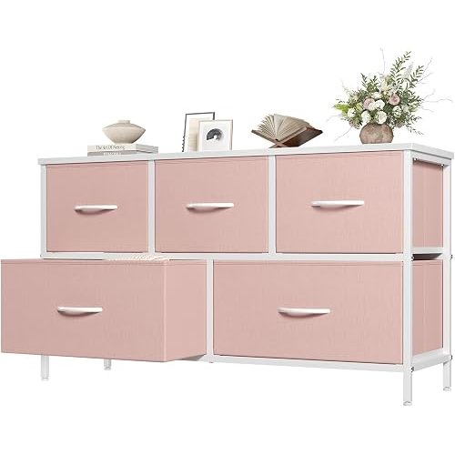 OLIXIS Pink Dresser for Girls Bedroom, Wide Dresser for Closet, 5 Drawers