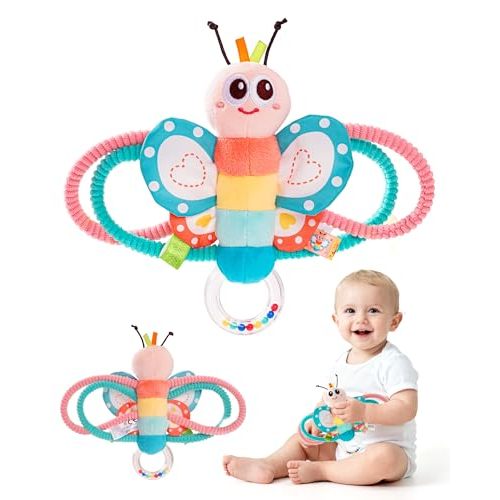 Jollybaby Soft Baby Rattles & Plush Rings Toy for Newborn 0-3-6-12 Months, Sensory Developmental Hand Teether Toys for Infant 0-2-4-7-8-9 Months, Baby Shower & Birthday Gifts - Butterfly
