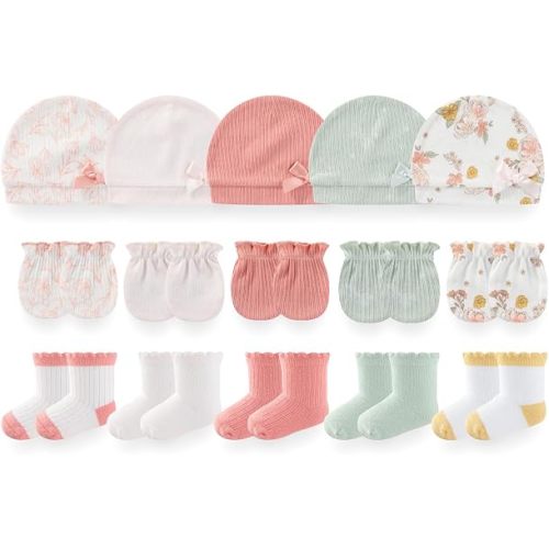 BIGBIGKISS Infant Baby Girl Boy Hats Mittens and Soft Socks Set 0-6 Months