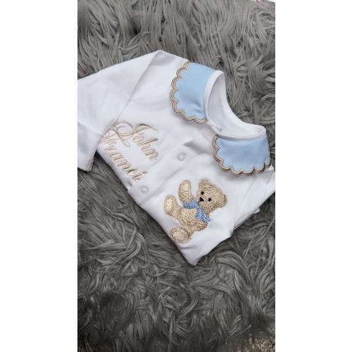 Personalized Baby Boy Outfit, Teddy Bear Sleepsuit, Blue Collar Baby Grow, Newborn Gift