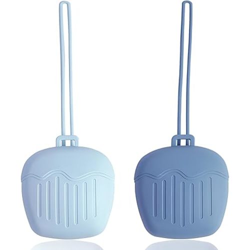 Silicone Pacifier Holder Case - Leak-Proof & Portable Baby Pacifier Storage Carrying case with Leash, BPA-Free, for Boys Girls Toddlers (2-Pack Apple Shape, Blue/Grey Blue)