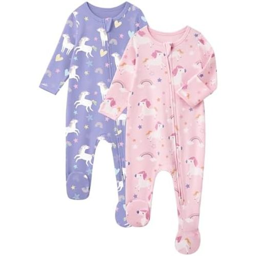 Baby Girl Sleepers 100% Cotton Footie Pajamas Newborn 0-3 3-6 6-9 Months with 2-Way Zipper, 2pcs PJs Baby Girl Clothes