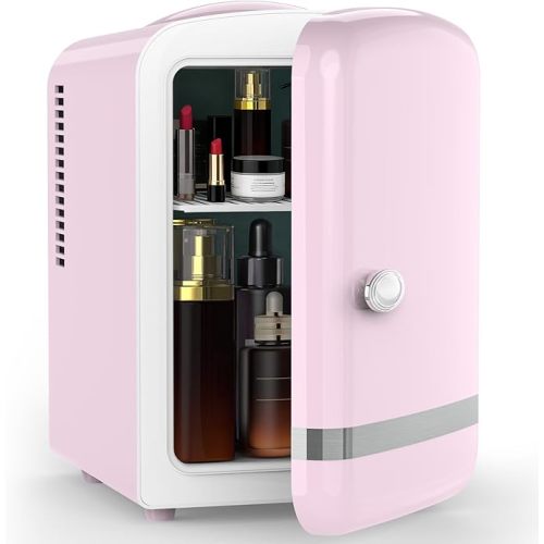 Mini Fridge for Bedroom, 4L/6 Cans Small Cosmetic Fridge for Skincare, Makeup, Medicine & Beverage, Portable Desk Fridge Cooler and Warmer for Kids, Car, Office, Dorm, Pink