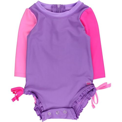 RuffleButts Baby Girls UPF 50+ Sun Protection Floral Printed Long Sleeve One Piece Rash Guard Swimsuit with Zipper