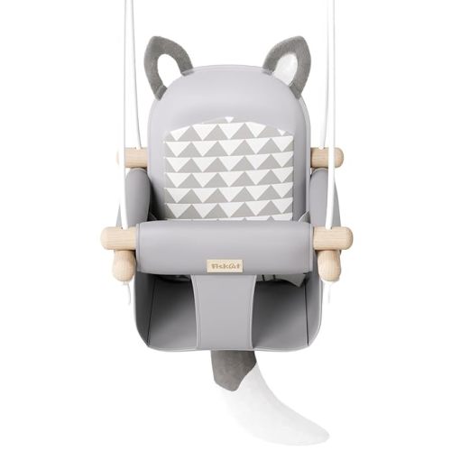 Wooden Hanging Baby Swing with Soft Safety Belt, Cozy Infant Swing Seat for Indoor & Outdoor Use, Adjustable Height, Includes Mounting Hardware – Suitable for Babies & Toddlers（Fox-Themed in Gray