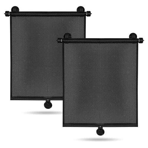 2 Pack Car Side Window Sun Shade - Retractable Car Roller Sunshadewith Reinforced Suction Cups, Drop Down UV Interior Sunshade, Stroller Window Sunshade (15" x 17")