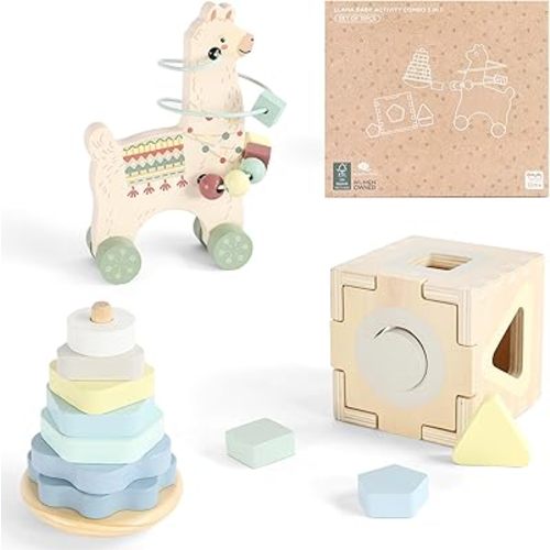 Freniland Montessori Toys for 1 Year Old,3-in-1 Wooden Baby Toys,Wooden Stacking Toy,Toddler Shape Sorting Cube, Llama Ring Toy,Newborn Baby Gift Sets for Boys and Girls