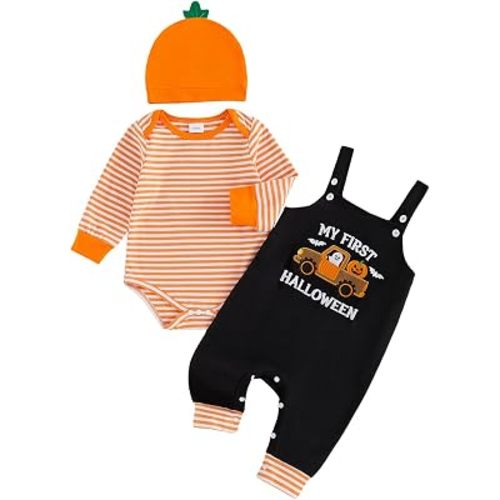 Newborn Baby Boy 1st Halloween Outfit Stripe Long Sleeve Romper Pumpkin Overall Pants Hat Set 3Pcs Fall Clothes