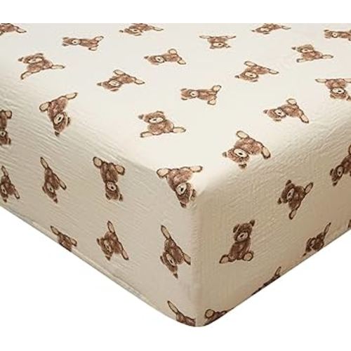 Ali+Oli Teddy Bear Print Muslin Fitted Crib Sheet, Soft Breathable Cotton, 52 x 28 inches, Cream and Brown