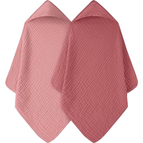 Baby Bath Towels, 100% Muslin Cotton Hooded Baby Towels for Newborn, Infant and Toddler, 2 Pack Soft and Absorbent Unisex Bath Essentials with Large 32x32Inch Size