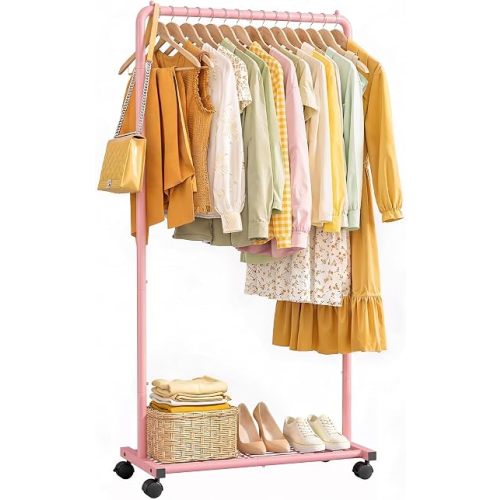 Sakugi Clothes Rack - Clothing Rack with Storage Mesh Shelf & Casters, Heavy-Duty Metal Clothing Rack for Hanging Clothes, Dresses, Coats, Large Load Capacity, Easy Assembly, Pink, 28.0"x16.9"x59.0"