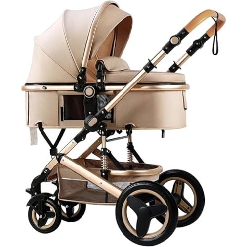 Convertible Baby Stroller with Sleep Recline Sitting Modes Foldable Infant Stroller Reversible Newborn Travel Pram Baby Carriage with Big Rubber Wheels (Linen Khaki)