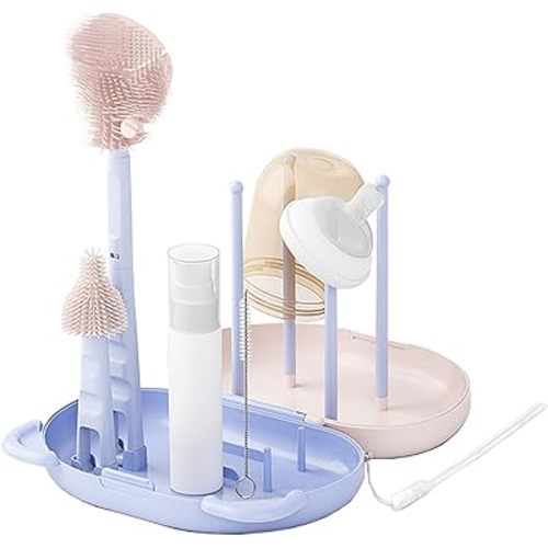 HOEREV Portable Baby Silicone Bottle Brush Set Include Pacifier Brush, Straw Brush, draining Rack, Portable Box