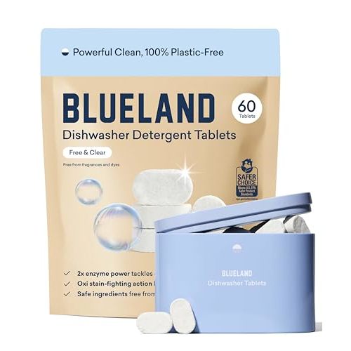 BLUELAND 100% Plastic-Free Dishwasher Detergent Tablets, Starter Set, 60 Count with tin, Free & Clear, Eco-Friendly Dishwashing Pods, Natural, USDA Certified biobased