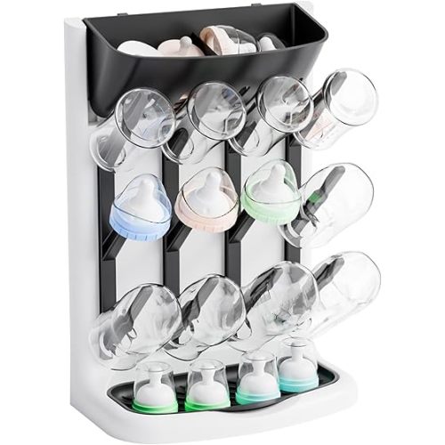 Yieach Larger Vertical Baby Bottle Drying Rack - BPA FREE - Space Saving Feeding Bottles Drying Rack Holder for Countertop,Baby Bottle Holder Storage Station for Pacifiers,Pump Accessories Stand,BLack