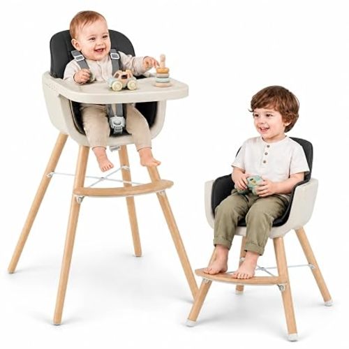 HONEY JOY Baby High Chair, 6-in-1 Eat & Grow Wooden Highchair/Toddler Chair with Removable Tray, 5-Point Harness, PU Cushion and Footrest, Convertible High Chair for Babies and Toddlers(Black)