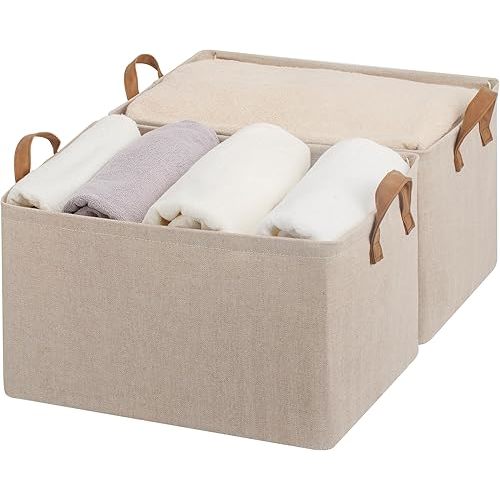 StorageWorks Storage Bins, Fabric Storage Bins for Shelves, Extra Large Storage Baskets with Metal Frame, Closet Baskets and Bins with Handles, Jumbo, Brown and Beige, 2-Pack