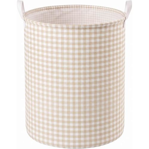 Beige Gingham Laundry Hamper, Collapsible Basket with Handles