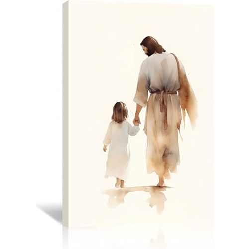 Jesus Canvas Wall Art Christian God Decor Religion Art Jesus with Girl Child Picture Prints for Kids Bedroom Baby Nursery Decor Framed(Art-3,12.00"x18.00")