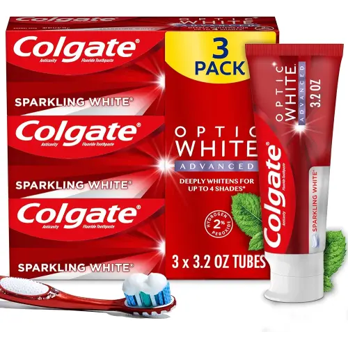 Colgate Optic White Advanced Teeth Whitening Toothpaste, 2% Hydrogen Peroxide Toothpaste, Sparkling White, 3.2 Oz, 3 Pack