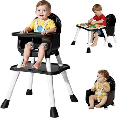 6-in-1 Convertible Baby Highchair, Booster Seat, Toddler Chair & Building Block Table, with Removable Tray, Easy Clean Cushion & 5-Point Harness (Black)