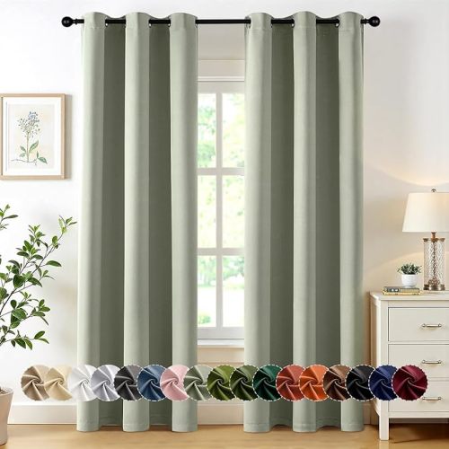 MIULEE Sage Green Blackout Curtains for Bedroom Living Room 63 Inches Long 2 Panels, Thermal Insulated Room Darkening Drapes Solid Grommet Noise Reduction Light Blocking Window Treatments 34x63 Inch