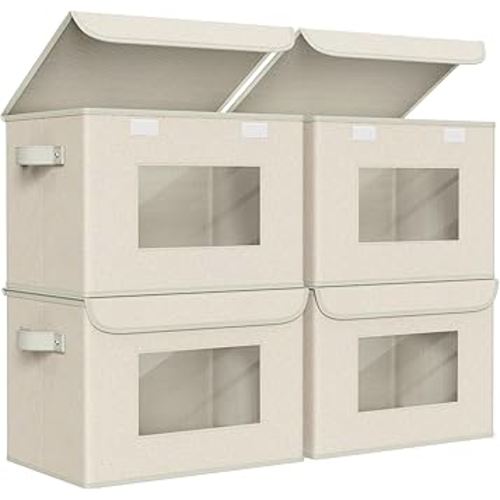 Univivi Collapsible Stackable Storage Bins with Lids [4-Pack] Foldable Fabric Closet Organizer Basket, Closet Organizers and Storage Cube Storage Bin for Home, Office, Bedroom (Beige, 17“ x 12” x 12")