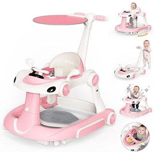 Baby Walker with Wheels, 7-in-1 Foldable Baby Walkers for Boys Girls 6-12 Months with Feeding Tray & Music, Lights,Rocker,Sun Canopy, Bouncing Pedal, Adjustable Wheel Speed, Push Walker (Pink)