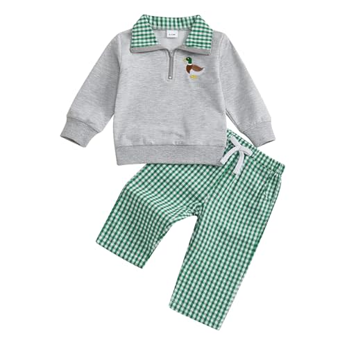 Gueuusu Toddler Baby Boy Girl Hunting Outfit Mallard Duck Embroidery Quarter Zip Collared Shirt Long Pants Set Clothes