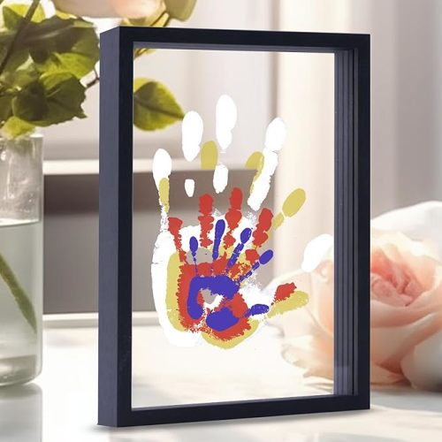 Family Handprint Kit, DIY Craft Keepsake Wooden Frame, Endless Gift Set, Non-Toxic Paints, Transparent Sheets (Black)