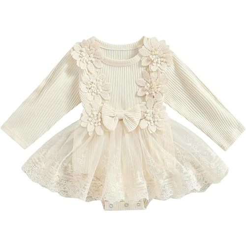 Newborn Girl Clothes Cute Long Sleeve Flower Bowknot Ruffled Patchwork Romper Dress with Hairband Fall Winter Outfit