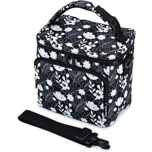 Insulated Breastmilk Cooler Bag With 3 Pockets - Waterproof Baby Bottle Cooler Bag Can Hold 6 Large 9 Ounce Bottles - The Perfect Tote Bottle Bag For Daycare, Nursing Moms, Travel - B&W Floral