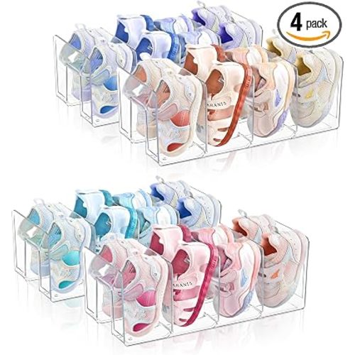 Kids Shoe Organizer Stackable: Clear Acrylic Baby Shoe Rack with Dividers - Closet Storage for Toddlers & Nursery Use (4 Pack)