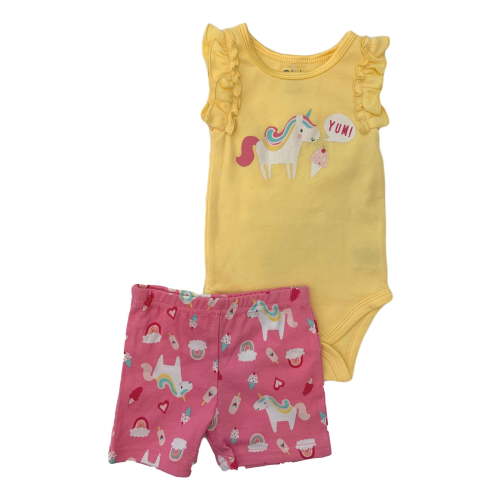 Infant Girls Yellow Bodysuit Unicorn Graphic Print Top & Pink Shorts Set 3-6M