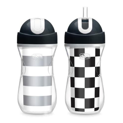 Chicco Insulated Flip-Top Straw Sippy Cup for Toddlers 12m+, 9oz 2-Pack | Soft Silicone Straw, Spill-Free Flip-Lid, Easy-Grip Contour, Dishwasher Safe, BPA-Free, Black/White