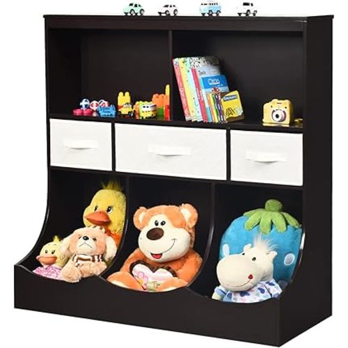 HONEY JOY Kids Toy Storage Organizer with Bookcase, 8-Cubby Organization Storage Cabinet w/Display Shelf & 3 Removable Fabric Bins, Wooden Toy Storage Unit for Playroom, Nursery Daycare(Espresso)