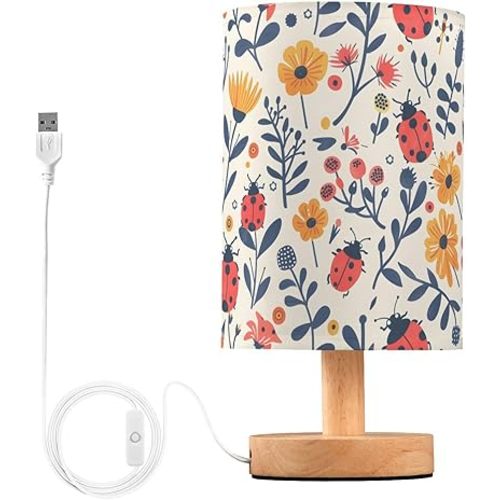 ALAZA Bedside Lamp Ladybugs Flowers Retro Table Lamp with USB Port for Bedroom Living Room Small Nightstand Lamp Desk LED Bulb Included