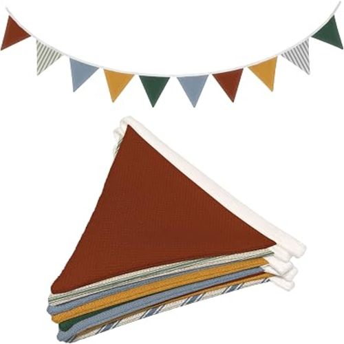 Boys Toddler Room Playroom Nursery Decor, Garland Triangle Banners, 11Ft Vintage Warm Neutral Plaid Design Pennant Banner Bunting Flags Fabric for Baby Shower Birthday Party