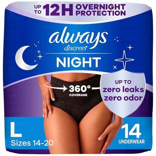 Always Discreet Adult Incontinence Overnight Underwear for Women, Large, Up to 100% Bladder Leak Protection, 14 Count