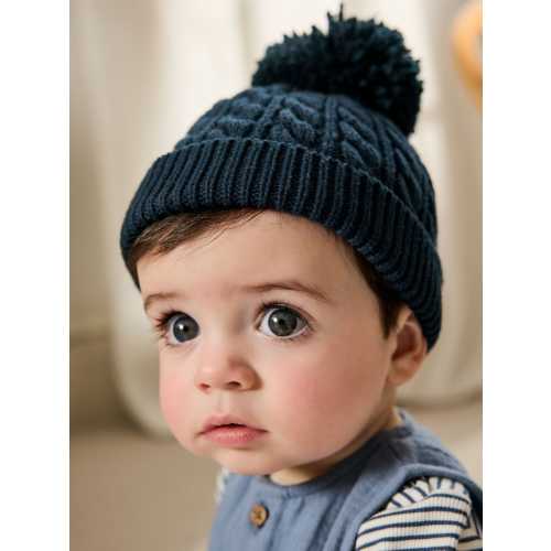 Navy Baby Knitted Hat With Pom (0mths-2yrs)