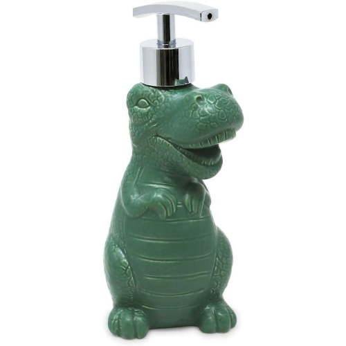 Isaac Jacobs Green Ceramic Dinosaur, Liquid Soap Pump/Lotion Dispenser with Chrome Metal Pump Holds Up to 12 Oz. Great for Bathroom, Kitchen Countertop, Bath Accessory Green