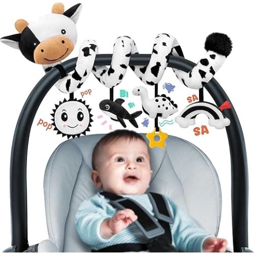 Spiral Car Seat Baby Toys 0-6 Months, Infant Carseat High Contrast Sensory Toys Hanging Stroller Accessories, Newborn Shower Gifts for Baby Boys Essentials Stuff, Cute Black and White Cow