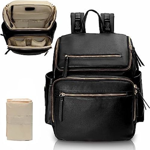 Diaper Bag Backpack Baby Diaper Bag Leather with 17 Diaper Bag Organizing Pouches,Changing Pad,Stroller Straps,4 Insulated Pockets,Black