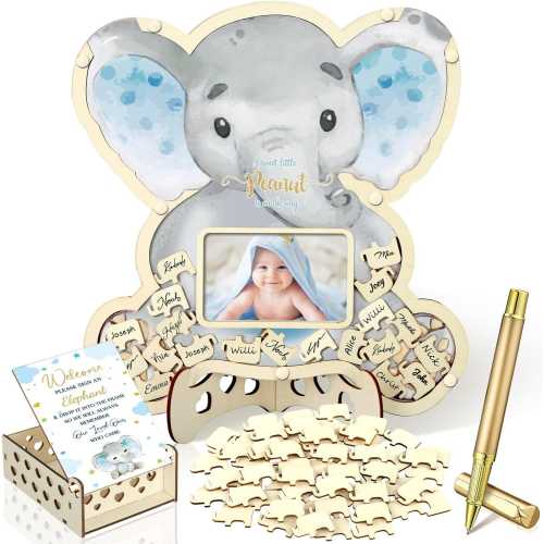 Blue Elephant Baby Shower Guest Book Alternatives Set, Boy's Baby Shower Decorations with Photo Frame, Wood Slices Guest Book
