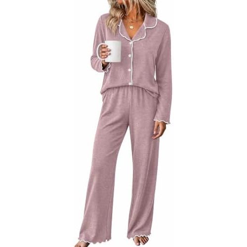 WIHOLL Women's Pajamas Sets Cute Ruffle Long Sleeve Button Up 2 Piece Pjs